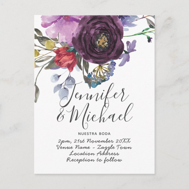 Cartão Postal Nuestra Boda Invitaciação - Flor Puro Por Aquarela (Frente)