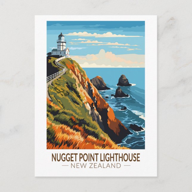 Cartão Postal Nugget Point Lighthouse Nova Zelândia Viagem Vinta (Frente)