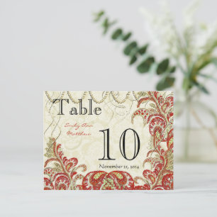Cartão Postal Número da Mesa Gatsby Paisley Pavão Vermelho e Dou