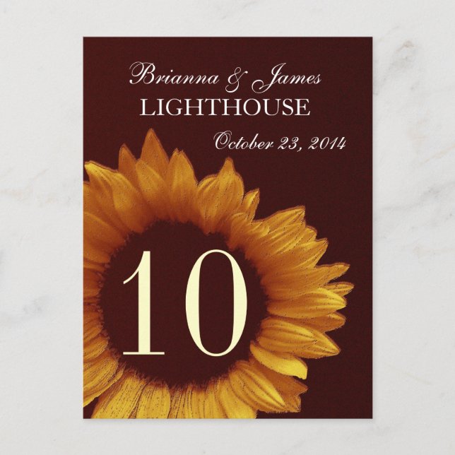 Cartão Postal Número da Tabela de Casamento de Girassol Dourado (Frente)