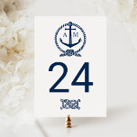 Cartão Postal Número da Tabela de Casamento do Monograma do Mari<br><div class="desc">A carta de número de tabela marinho azul e branca apresenta um monograma dos nomes da noiva e do noivo e da data de casamento, ancoragem do barco e da corda, e um padrão de risca horizontal no verso. NOTA: esta é uma placa de número de tabela individual. Você deve...</div>