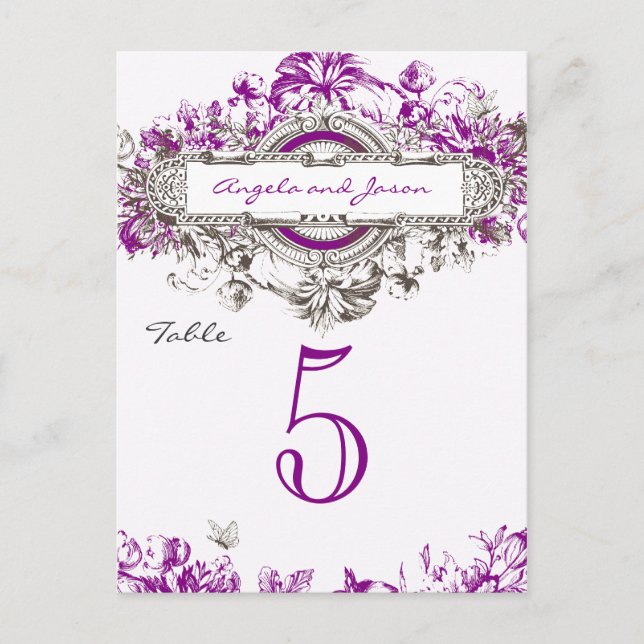 Cartão Postal Número da Tabela de Casamento Floral de Lilac Vint (Frente)