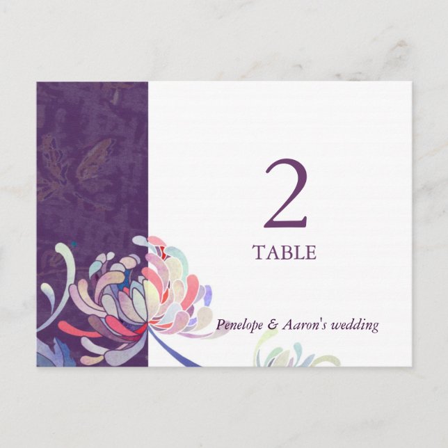 Cartão Postal Número da Tabela de Casamento Floral Roxo (Frente)