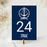 Cartão Postal Número da Tabela do Monograma Azul de Casamento Ma<br><div class="desc">A carta de número de tabela marinho azul e branca apresenta um monograma dos nomes da noiva e do noivo e da data de casamento, ancoragem do barco e da corda, e um padrão de risca horizontal no verso. NOTA: esta é uma placa de número de tabela individual. Você deve...</div>