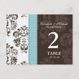 Cartão Postal Número de mesa de casamento em damasco azul e marr