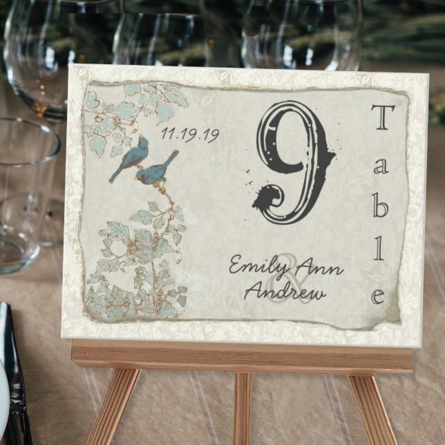 Cartão Postal Número de Mesa de Casamento em Damask com Pássaros (Criador carregado)