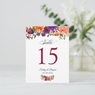 Cartão Postal Número de Mesa de Casamento Floral Laranja Borgonh