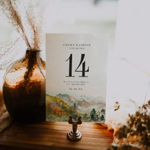 Cartão Postal Número de Mesa de Casamento Montanhas Aquarela Rús