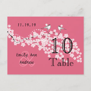 Cartão Postal Número de Mesa Pássaro do Amor Rosa Flor de Cereje