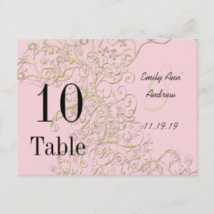 Cartão Postal Números de Mesa Rosa Elegante com Redemoinhos Dour