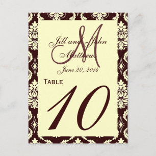 Cartão Postal Números de Tabela de Casamento Brown Ivory Damask