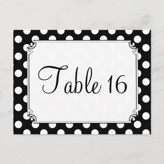 Cartão Postal Números de Tabelas de Casamento de Bolinhas Preta  (Frente)