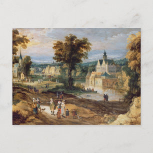 Cartão Postal Números em uma paisagem com uma beia de vila e cas
