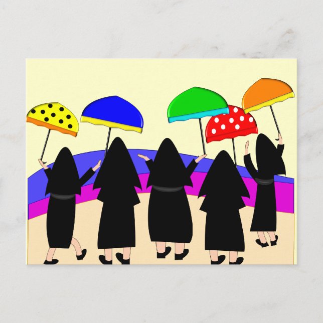 Cartão Postal Nuns With Umbrellas "Expecting Rain" (Frente)