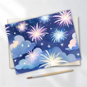 Cartão Postal Nuvens Sonhadoras Azuis Aquarela de Estrelas de