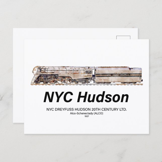 Cartão Postal NYC Dreyfuss Hudson Steam Locomotive. Profile (Frente/Verso)