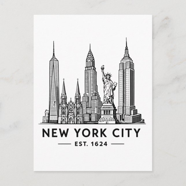 Cartão Postal NYC Skyline Illustration with Statue of Liberty (Frente)