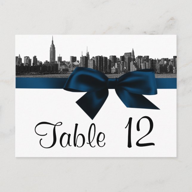 Cartão Postal NYC Wide Skyline Etch BW Marinho Blue Table Number (Frente)