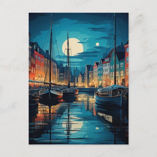 Cartão Postal Nyhavn Copenhagen Moonlit Canal Night (Frente)