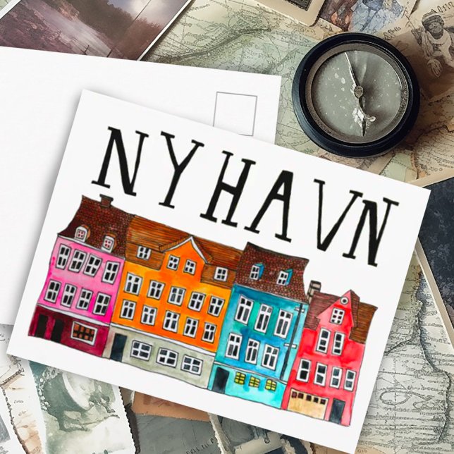 Cartão Postal NYHAVN Copenhagen Watercolor Art Viagem (Watercolor painting custom postcard Denmark Copenhagen Nyhavn)