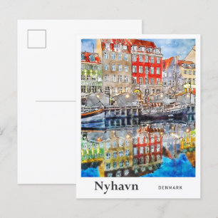 Cartão Postal Nyhavn Denmark Viagem Watercolor Hand Drawn