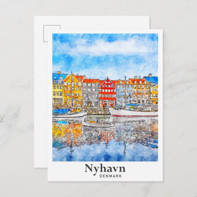 Cartão Postal Nyhavn Denmark Watercolor Hand Drawn (Frente/Verso)