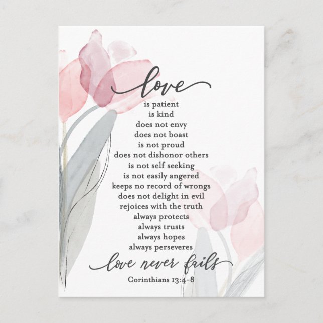 Cartão Postal O Amor é Paciente Tulipas Rosa Bíblia Casamento (Frente)