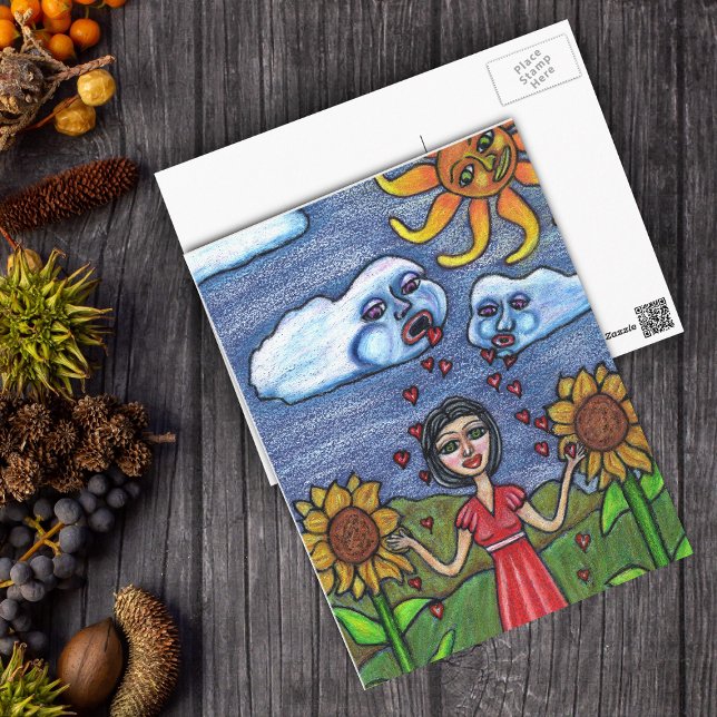 Cartão Postal O Amor Vai Fazer Você Crescer (Clouds raining red hearts down on lady in sunflowers with orange sun looking on postcard.)