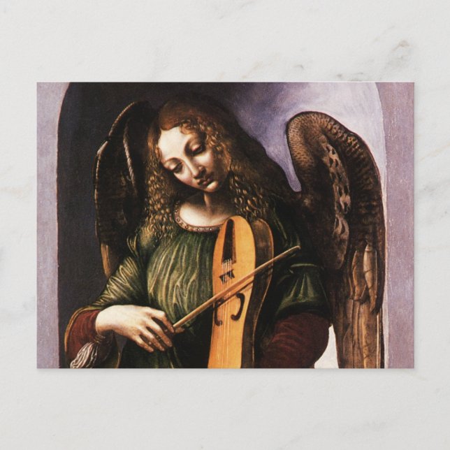 Cartão Postal O Anjo de Leonardo da Vinci em Verde com uma Viell (Frente)