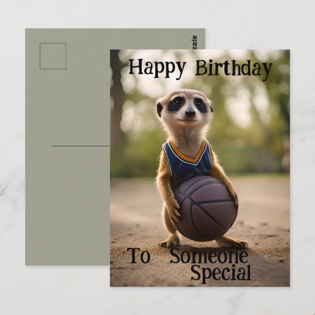 Cartão Postal "O Bebê Suricata Estrela do Basquete" Aniversário (Frente/Verso)