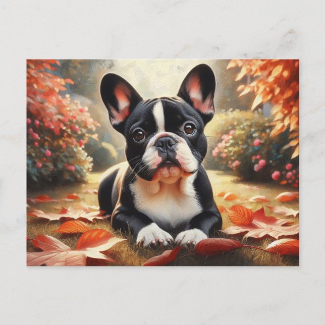 Cartão Postal O Buldogue Francês Autumn Deixa Arte (Frente)
