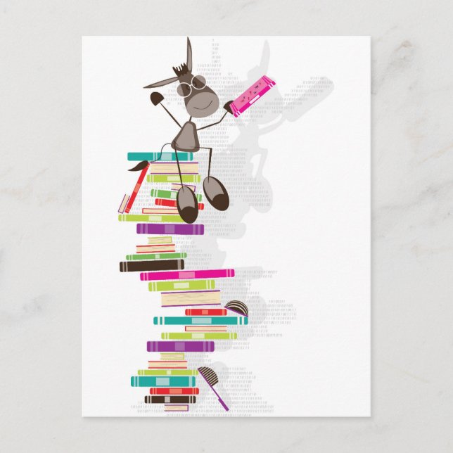 Cartão Postal O burro intelectual sobre uma torre de livros (Frente)