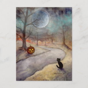 Cartão Postal O Caminho Esquecido no Halloween Gato Preto e Abób