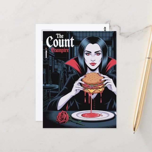 Cartão Postal O Conde Vampiro Com um Cheeseburger (Frente/Verso In Situ)