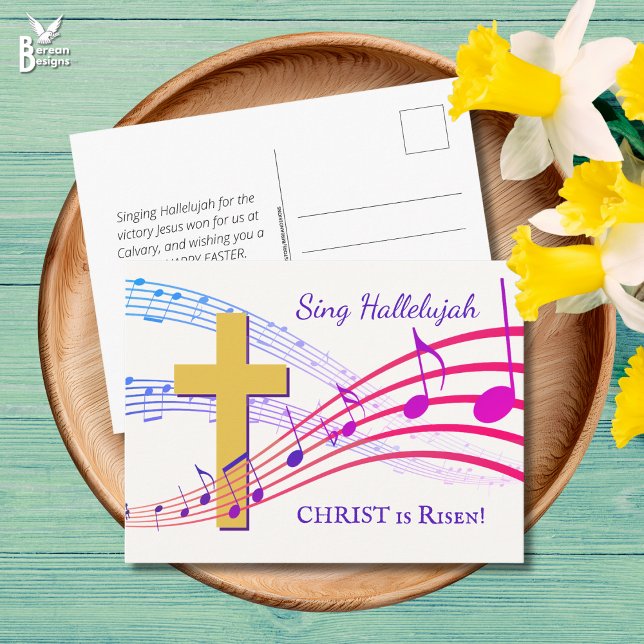 Cartão Postal O CRISTO HALLELUJAH É Páscoa DE RISEN (SING HALLELUJAH CHRIST IS RISEN Easter postcard with Cross and music notes. Ideal for churches.)