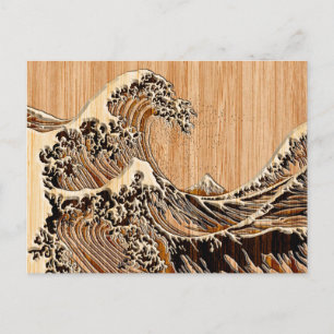 Cartão Postal O Excelente Hokusai Wave Bamboo Wood Grain Style