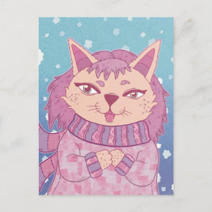 Cartão Postal O Gato Aconchegante de Inverno