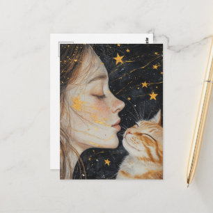 Cartão Postal O Gato Ruivo Fofo e uma Mulher