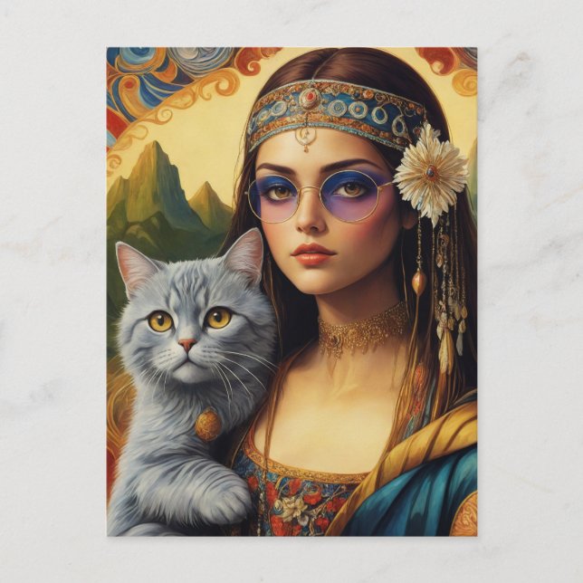 Cartão Postal O jovem Hippie Mona Lisa e o seu gato Cinza (Frente)