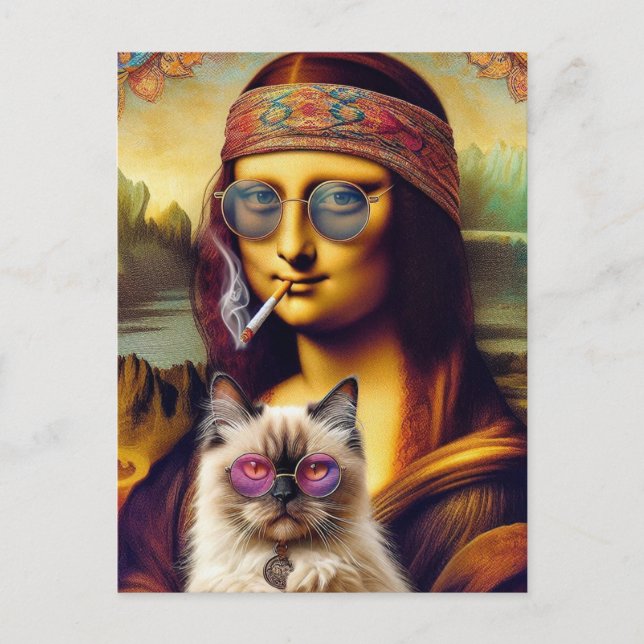 Cartão Postal O jovem Hippie Mona Lisa e o seu Gato Himalaio (Frente)