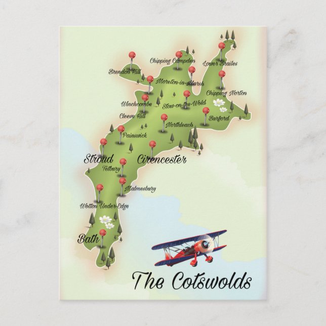 Cartão Postal O Mapa de Vintage dos Cotswolds (Frente)
