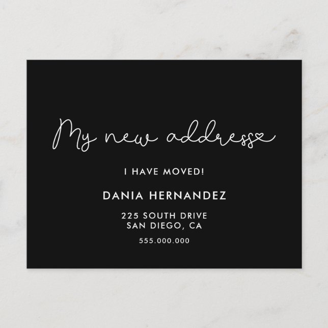 Cartão Postal O meu novo endereço é preto em movimento (Frente)