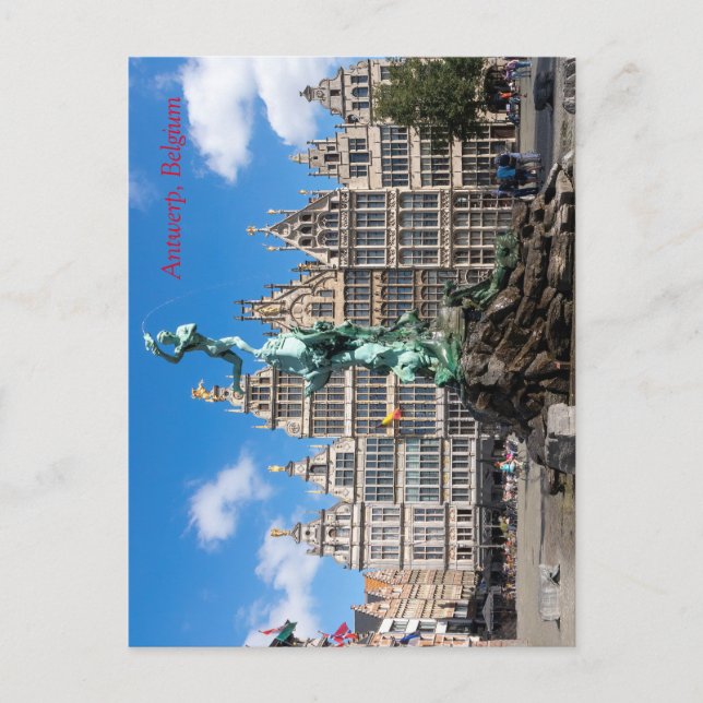 Cartão Postal O monumento de Brabo e as casas das Guildas Antuér (Frente)
