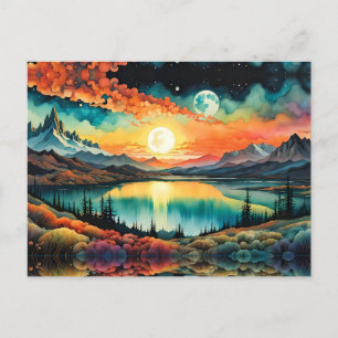 Cartão Postal O nascer do sol sobre o lago das montanhas como se