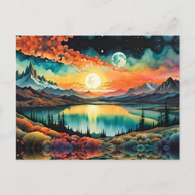 Cartão Postal O nascer do sol sobre o lago das montanhas como se (Frente)