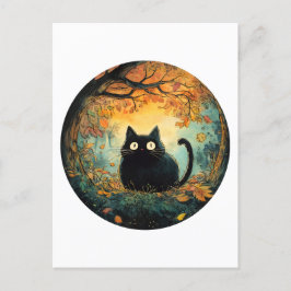 Cartão Postal O outono deixa aconchegante cair o gato preto na m