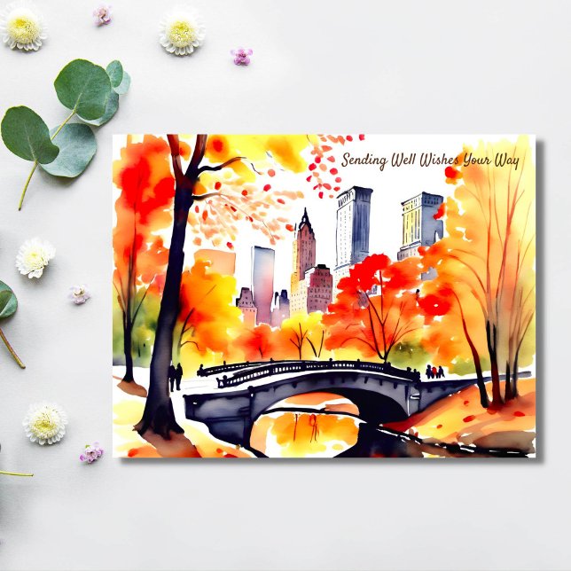Cartão Postal O parque de Nova Iorque cai aquarela bem desejos (New York central park in autumn watercolor well wishes postcard bridge over river yellow trees)