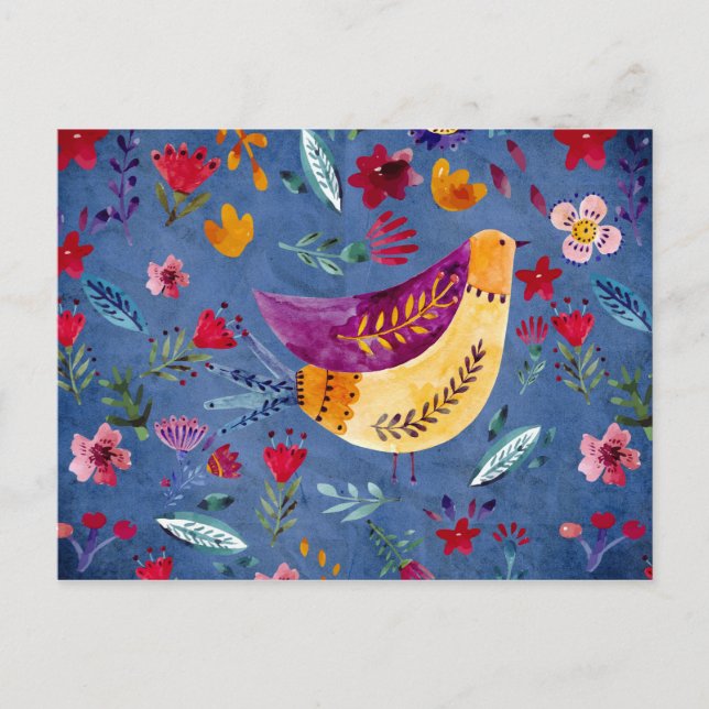 Cartão Postal O Pássaro Matutino no Jardim de Flores (Frente)