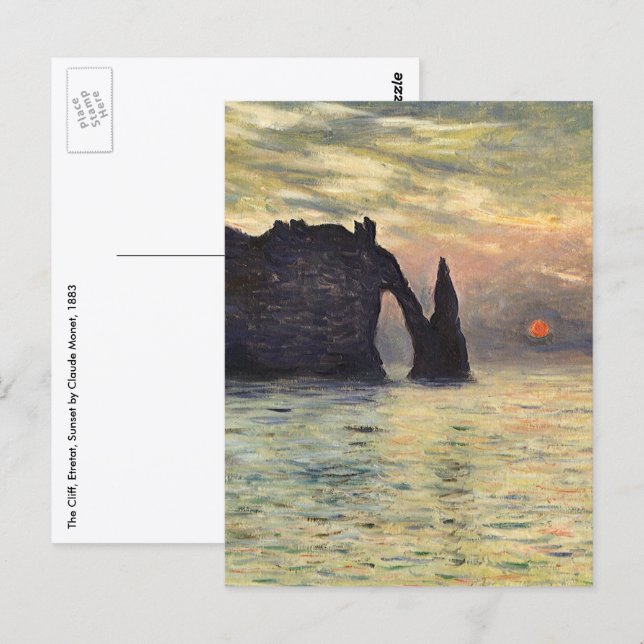 Cartão Postal O Penhasco de Etretat, Pôr do sol por Claude Monet (Frente/Verso)