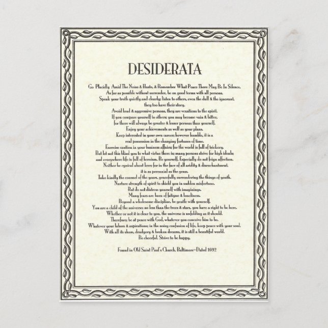 Cartão Postal O Poema Desiderata de Max Ehrmann (Frente)